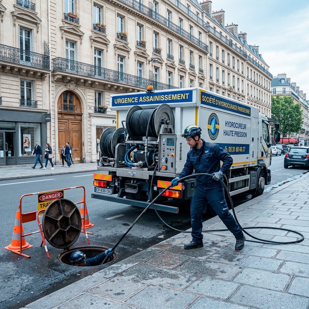 Camion hydrocureur EREM Assainissement en intervention